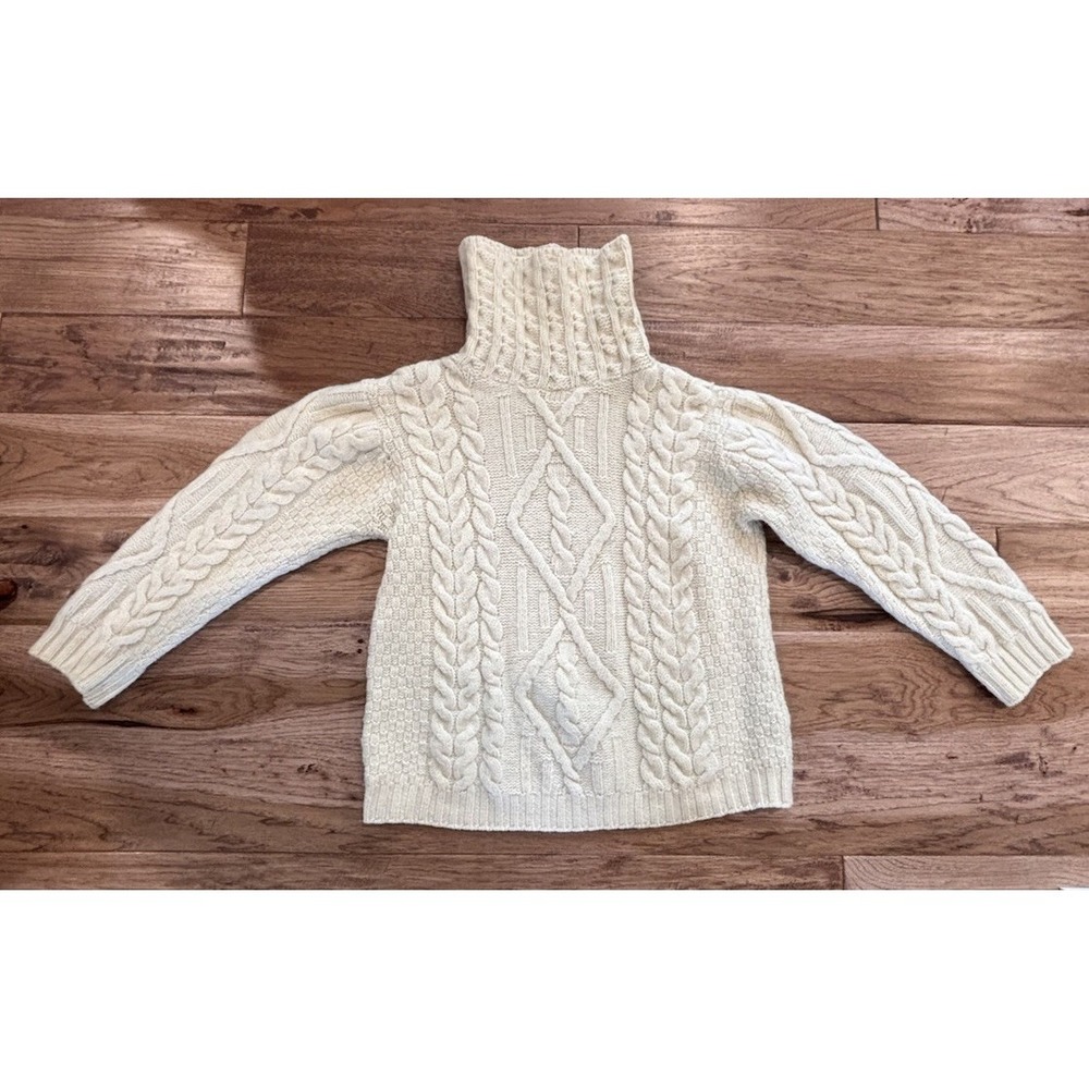 Inis Crafts Womens Turtleneck Fisherman Sweater Ivory Cable Knit Wool Ireland L